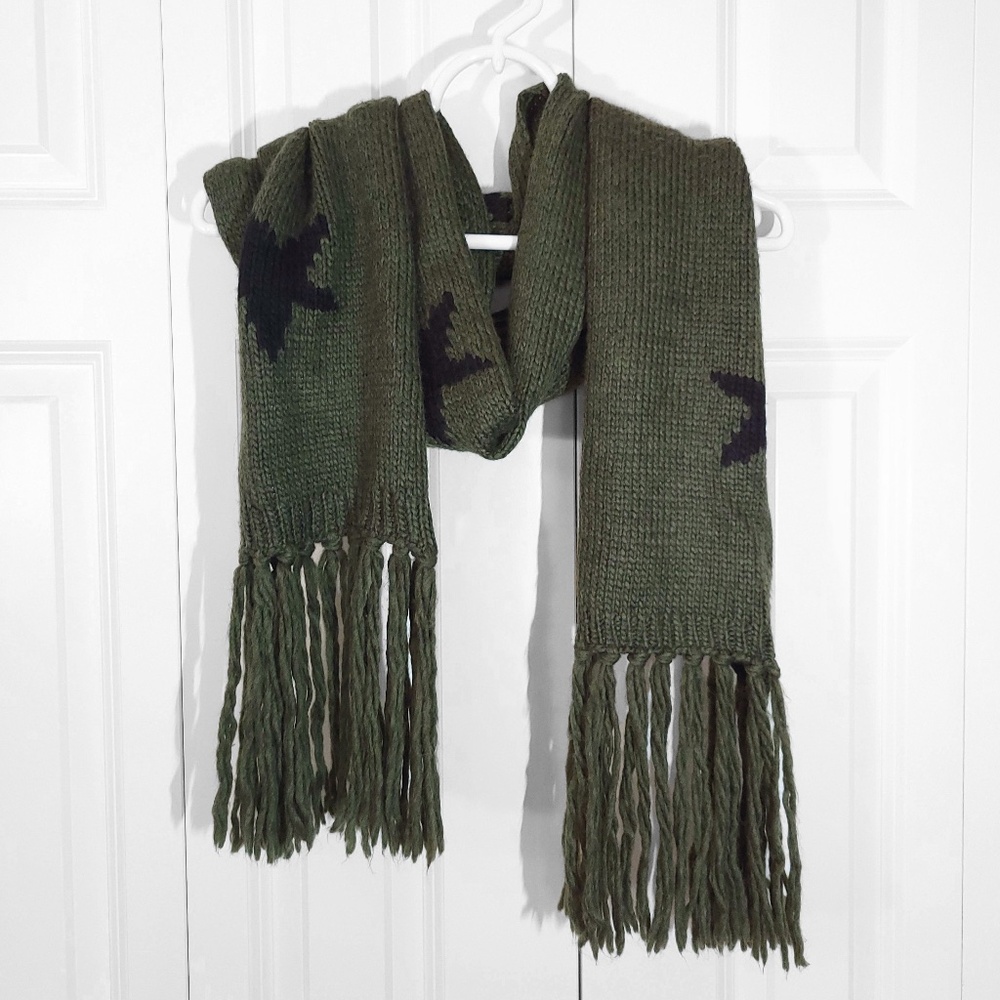 Coach Olive Green Black Stars Intarsia Wool Blend Long Scarf